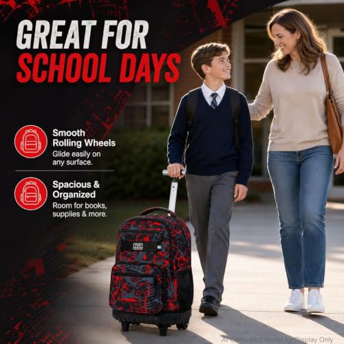 ZLYERT 3Pcs Rolling Backpack for Boys Men, Travel Wheeled Backpacks for Adults, Teens College Roller Bookbag with Wheels for Men(Red)