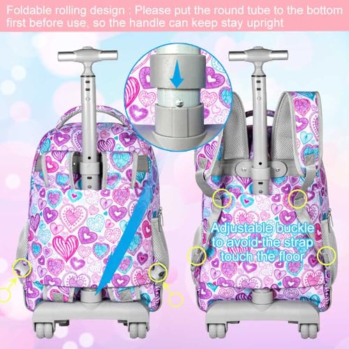 ZLYERT 3Pcs Rolling Backpack for Girls Women, Travel Roller Backpacks with Wheels for Adults, Teens College Love Wheeled Bookbag with Lunch Box(Ash Powder)