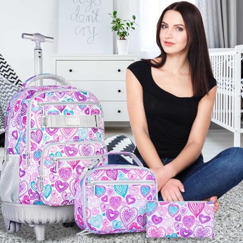 ZLYERT 3Pcs Rolling Backpack for Girls Women, Travel Roller Backpacks with Wheels for Adults, Teens College Love Wheeled Bookbag with Lunch Box(Ash Powder)
