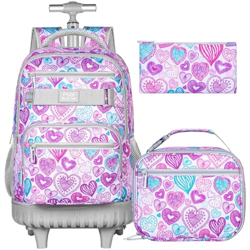 ZLYERT 3Pcs Rolling Backpack for Girls Women, Travel Roller Backpacks with Wheels for Adults, Teens College Love Wheeled Bookbag with Lunch Box(Ash Powder)