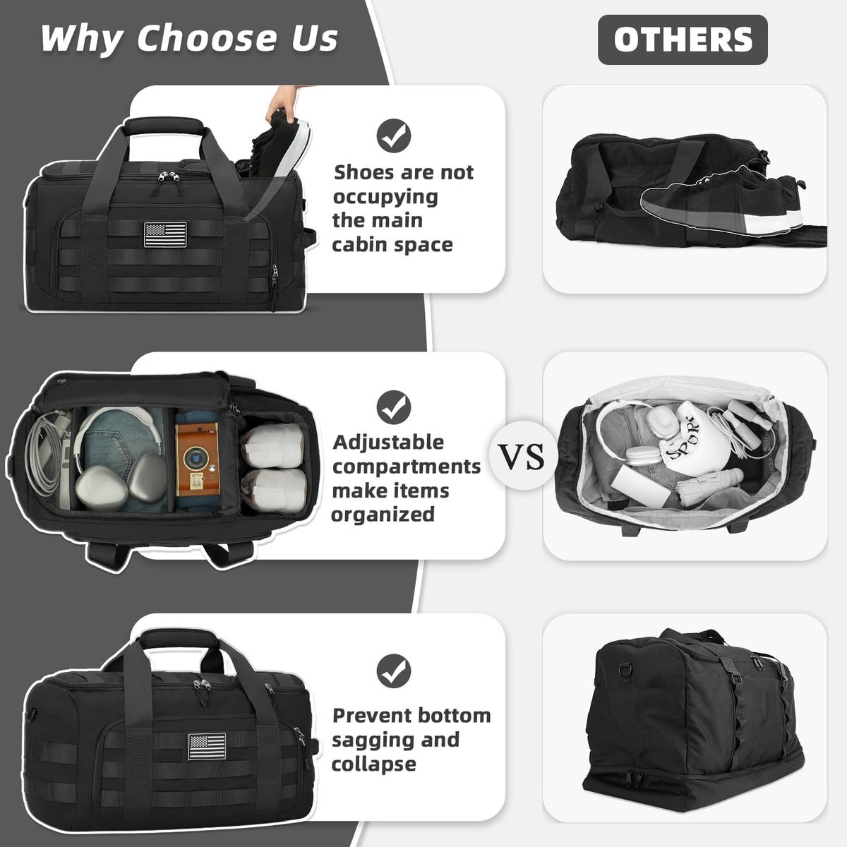 ZOMFELT Tactical Gym Bags for Men, 22x14x9 Carry On Luggage Duffle Bag for Travel, 3 - in - 1 Sports Basketball Soccer Bag with Removable Dividers & Shoe Compartment, Weekender Overnight Travel bag, Black