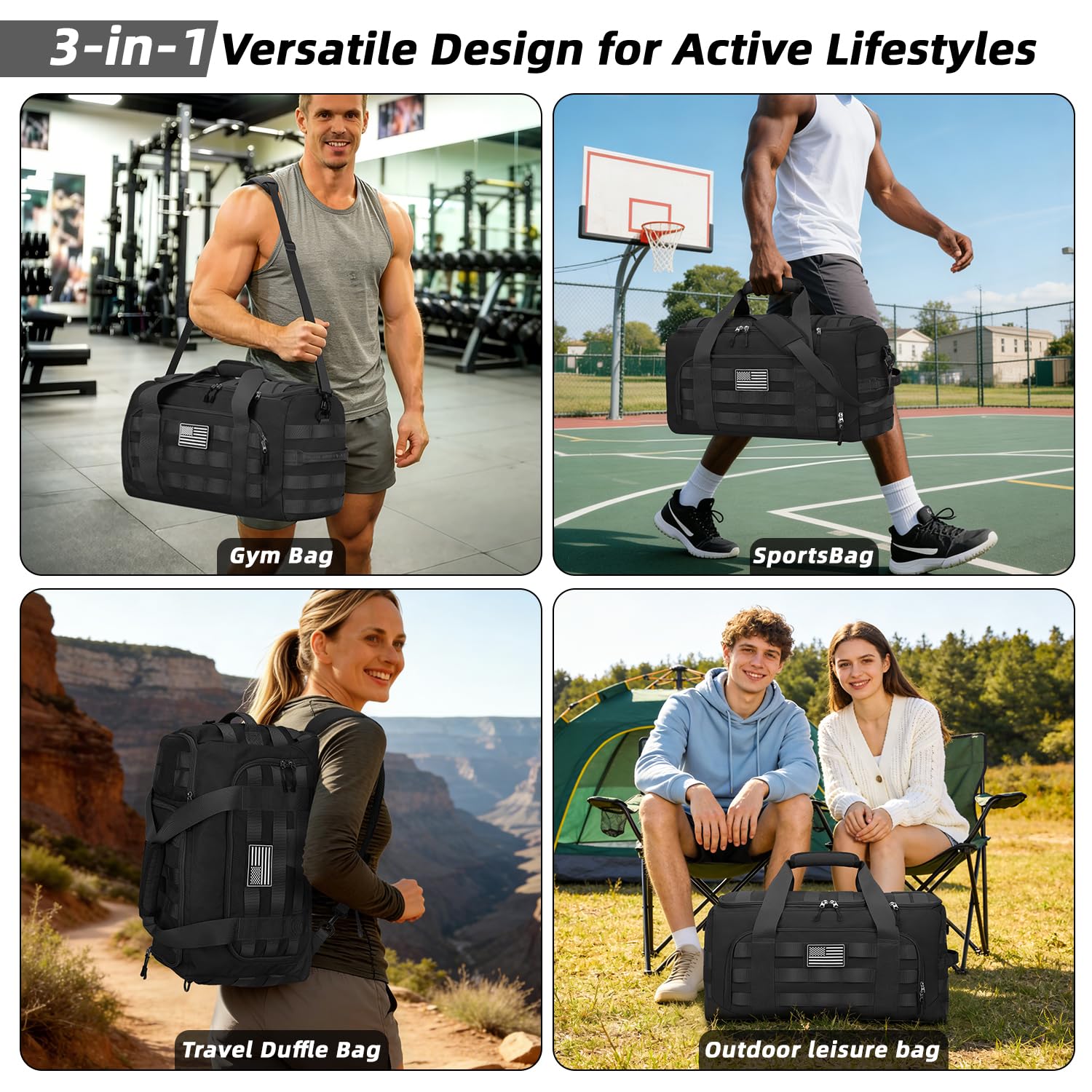 ZOMFELT Tactical Gym Bags for Men, 22x14x9 Carry On Luggage Duffle Bag for Travel, 3 - in - 1 Sports Basketball Soccer Bag with Removable Dividers & Shoe Compartment, Weekender Overnight Travel bag, Black