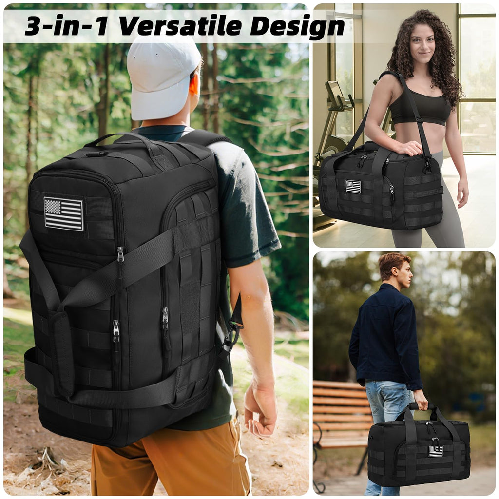 ZOMFELT Tactical Gym Bags for Men, Travel Duffle Bag with Removable Dividers & Innovative Shoe Compartment, 3 - in - 1 Waterproof MOLLE Gym Duffel Backpack, Airplane Carry - On Approved, Black