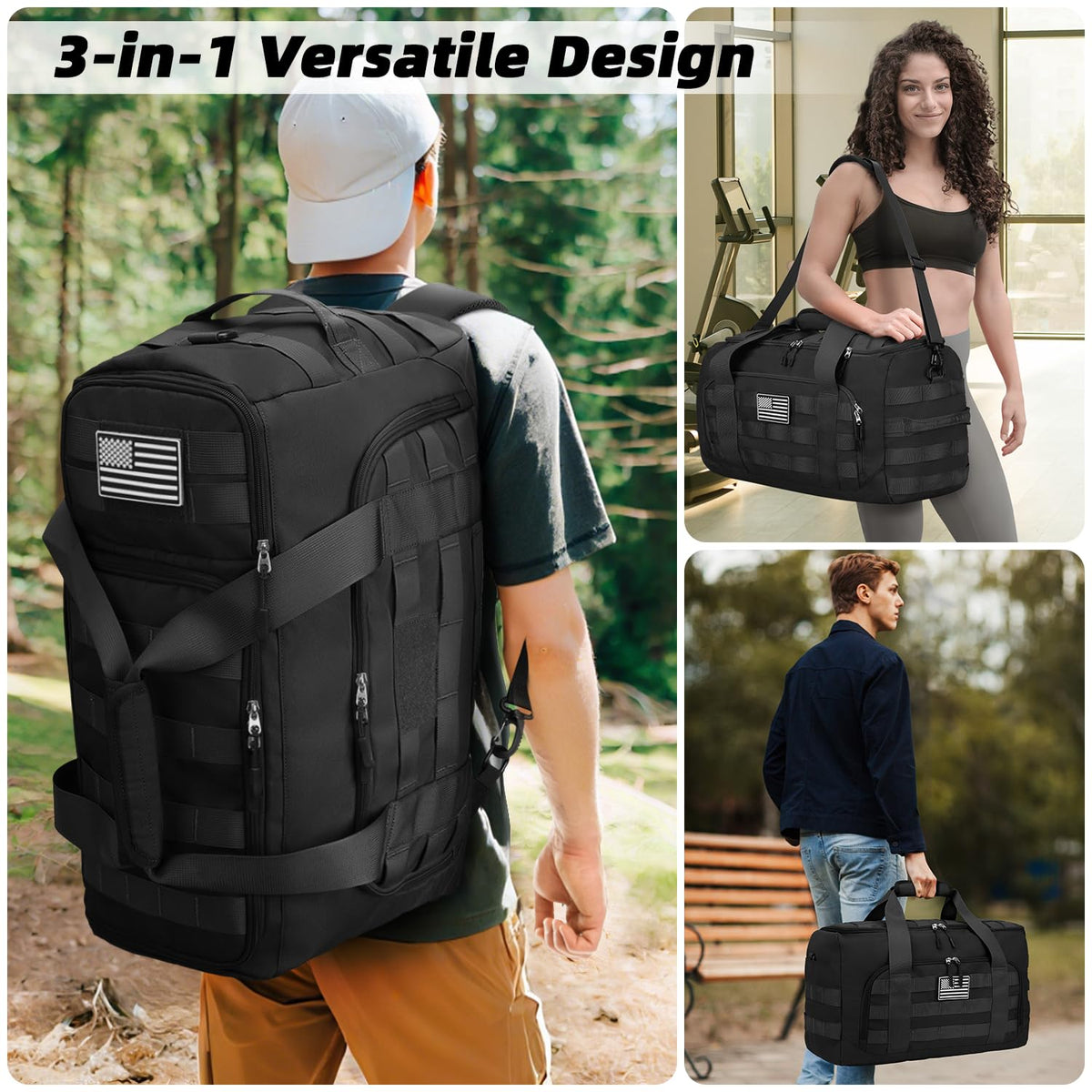 ZOMFELT Tactical Gym Bags for Men, Travel Duffle Bag with Removable Dividers & Innovative Shoe Compartment, 3 - in - 1 Waterproof MOLLE Gym Duffel Backpack, Airplane Carry - On Approved, Black