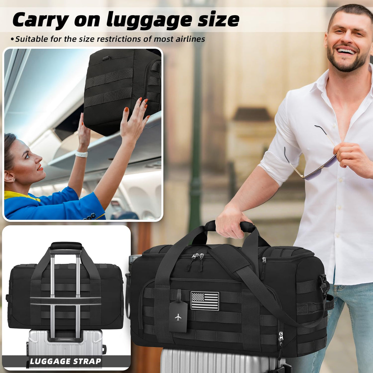 ZOMFELT Tactical Gym Bags for Men, Travel Duffle Bag with Removable Dividers & Innovative Shoe Compartment, 3 - in - 1 Waterproof MOLLE Gym Duffel Backpack, Airplane Carry - On Approved, Black
