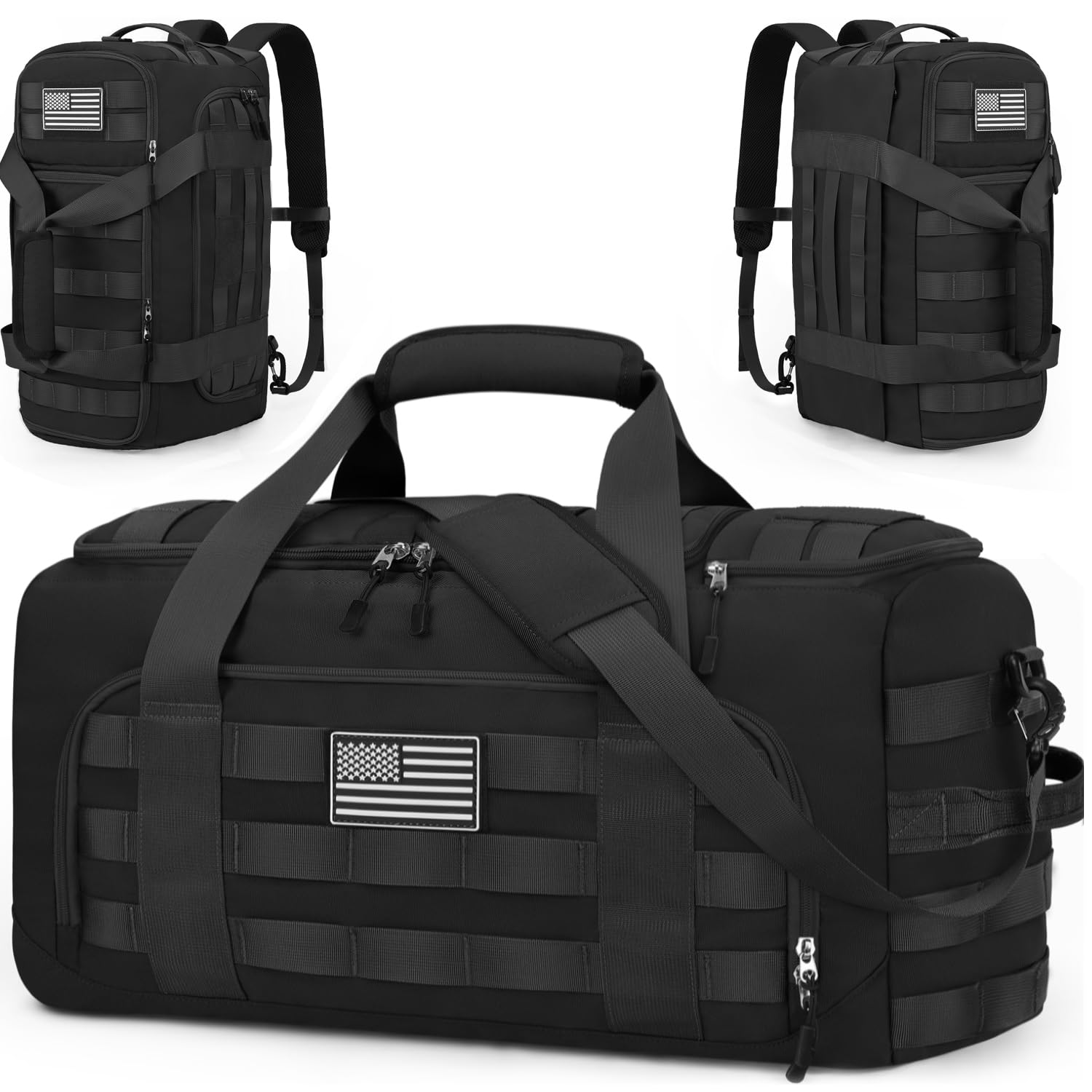 ZOMFELT Tactical Gym Bags for Men, Travel Duffle Bag with Removable Dividers & Innovative Shoe Compartment, 3-in-1 Waterproof MOLLE Gym Duffel Backpack, Airplane Carry-On Approved, Black